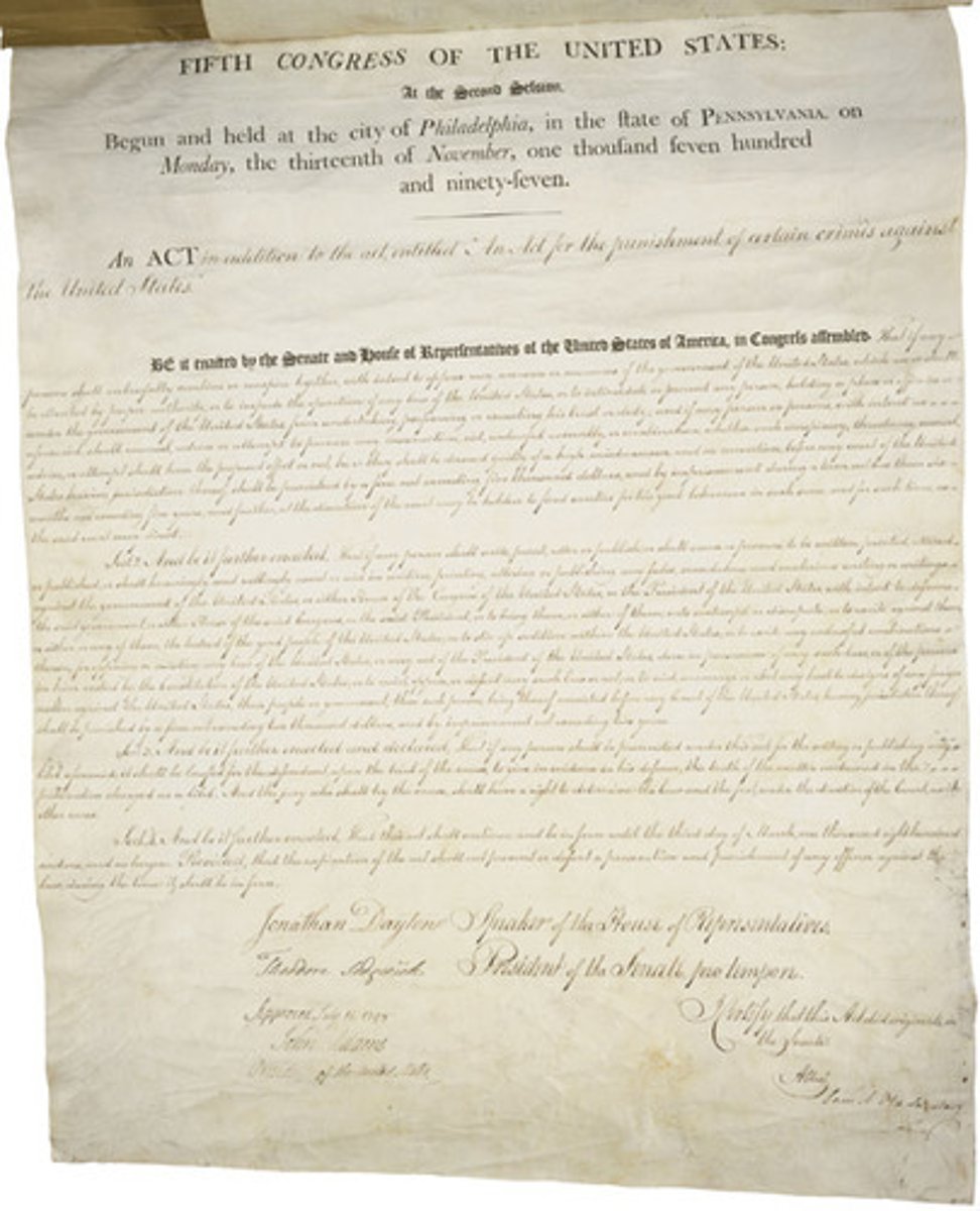 <p>Acts by the Federalists, which authorized the president to deport dangerous aliens, and detain enemy aliens in wartime. Made it illegal for newspaper editors to criticize the president or Congress. (p. 117)</p>