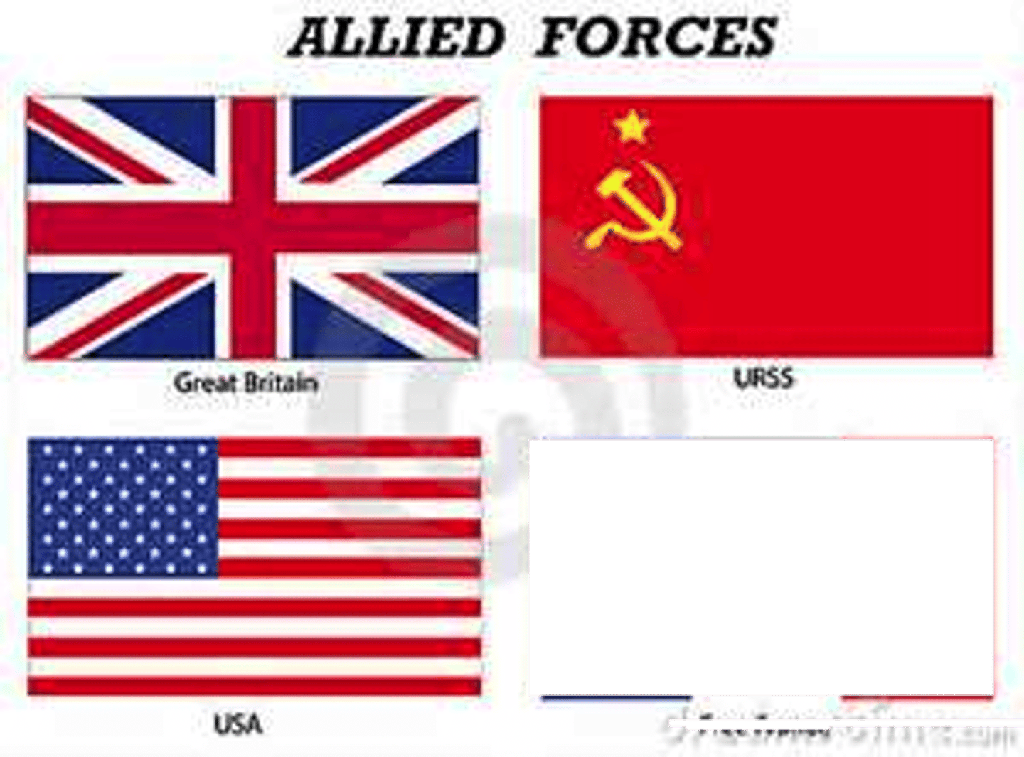 <p>Alliance of Great Britain, Soviet Union, United States, and France during World War II.</p>