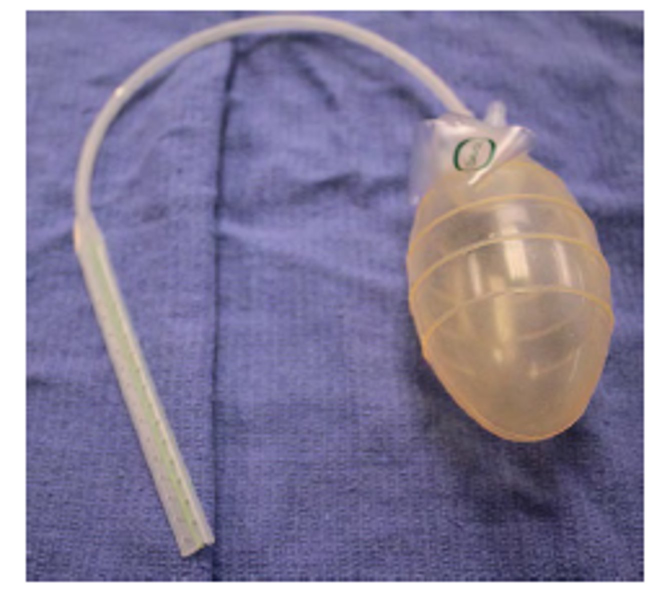 <p>hollow bulb-like device used to collect drainage, pop open valve and squeeze then replace cap to generate vaccuum</p><p>need flushed frequently </p>