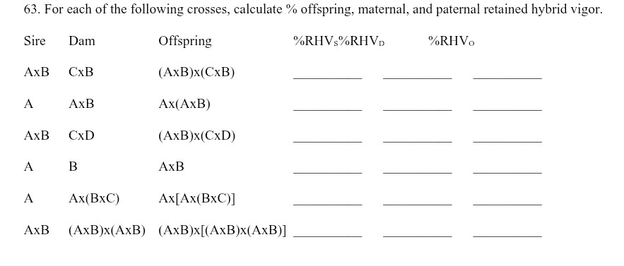 <p>(63) For each of the following crosses, calculate % offspring, maternal, and paternal retained hybrid vigor</p>