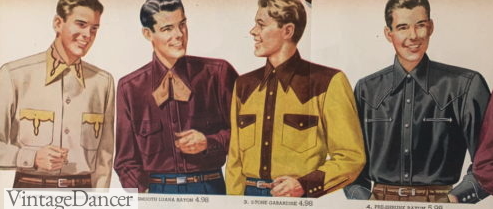 <p>bright colored shirts with buttoned pockets; influenced by shirts worn in the American West; featured convertible collar, pockets in front, V-shaped yoke in front and back, often made from contrasting fabric and paired with neckerchief or string tie</p>