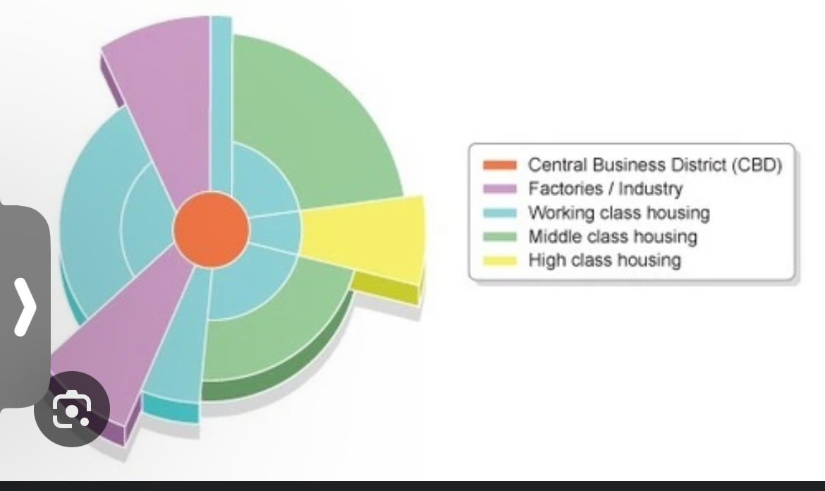 <p>A city develops in a series of sectors. Develops around transportation routes. </p>