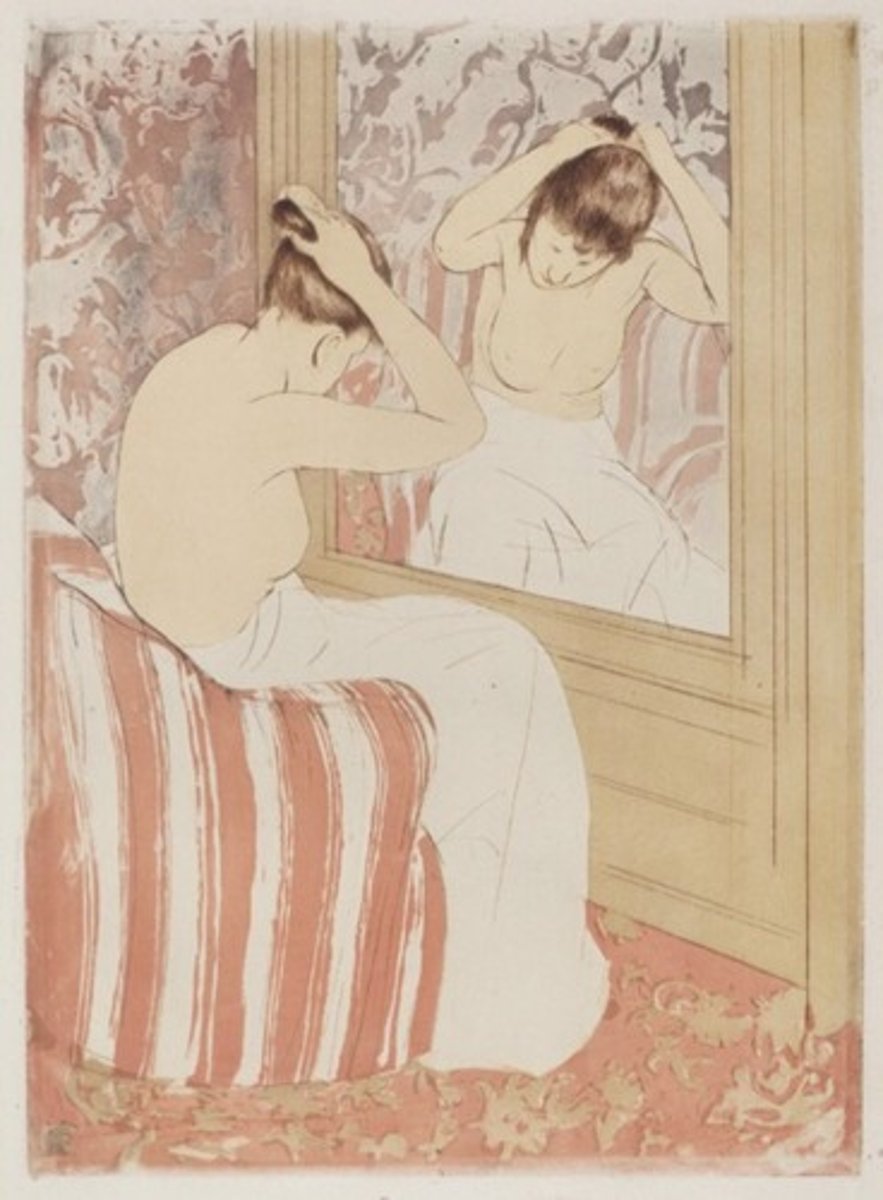<p>1890-1891. Mary Cassatt. Drypoint and Aquatint. Impressionist<br>Japonisme: influenced by japanese woodblock prints.<br>Cassatt paints domestic, soft, scenes. Often depicting women and children, DEVOID of erotisation of women. Absence of men. GOES AGAINST previous depictions of women<br>Objective treatment of the female form<br>"Coiffure" : elaborate preparation of ones hair (genre scene, usually referred to high class) though HERE the action does not denote high class<br>Caters to a larger audience.<br>ETCHING! Can create PRINTS, available to a LARGER AUDIENCE<br>Highly influenced of japanese prints<br>Fixing ones hair, back view<br>Candid and natural poses, Domestic, private sensitivity and softness not seen in other impressionist works.</p>