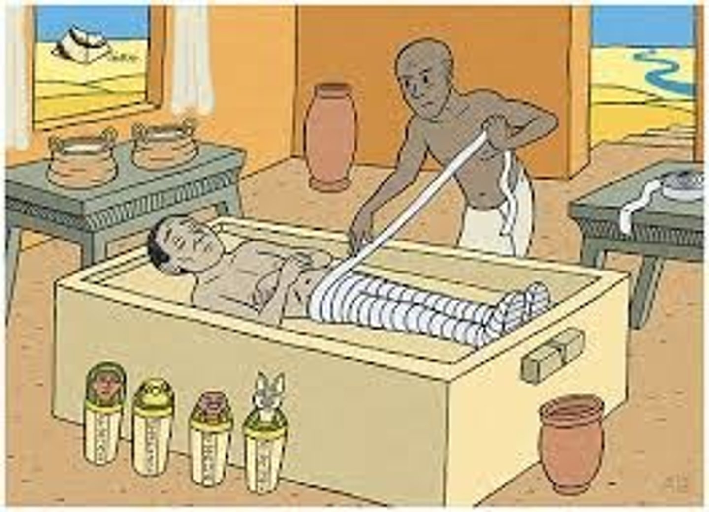 <p>The process of preserving a dead body by drying and embalming.</p>