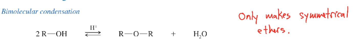 <p>Bimolecular dehydration (H₂SO₄, 140 °C) of two 1° alcohols to form symmetrical ethers + water. </p>