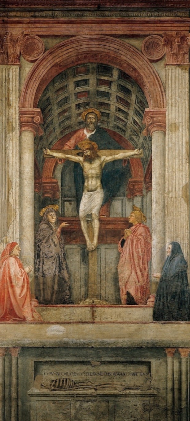 <p>Holy trinity, fresco, Masaccio, 1424-1427, Santa maria novella, florence, italy</p>