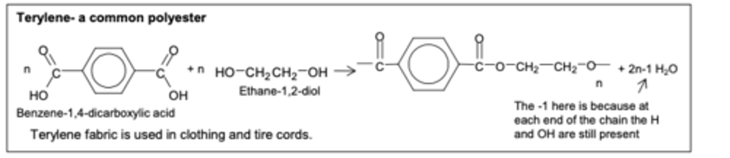 <p>- made by reacting dicarboxylic acids and diols</p><p>- take the H from the alcohol and the OH from the dicarboxylic acid.</p><p>condensation reaction</p><p>- or you can make polyesters from single monomers which have 2 functional groups</p><p>-polyesters, used widely in plastic bottles, fabrics and clothing.</p>