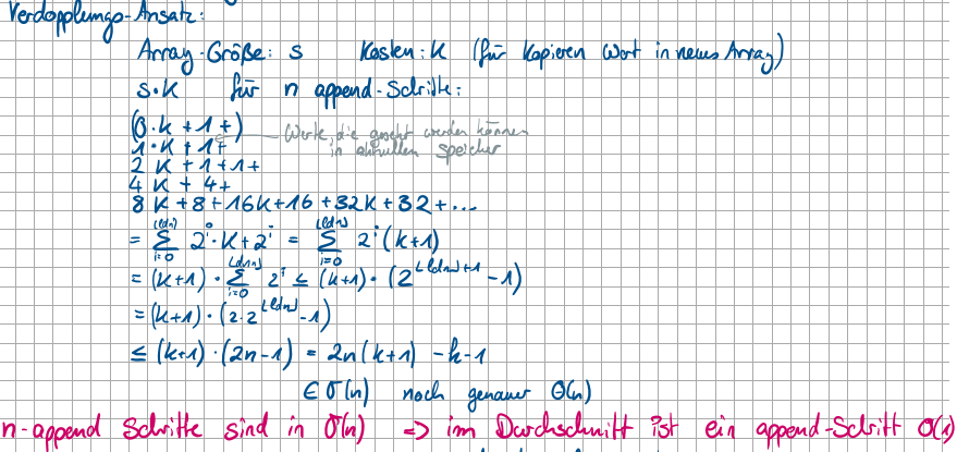 <p>Durch Speicherverschwendung erkaufte konstante Laufzeit.</p><p>amortisierte Kosten= Gesamtkosten der n Operationen/ n</p><p>Verdopplung von Speicher nachdem Speicher voll ist, lässt n konstante Operationen zu (O(1)), bis eine in O(n) kommt. dadurch so gut wie Konstant.</p>