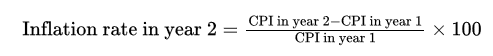 <p>Inflation, ((Year 2 CPI - Year 1 CPI)/Year 1 CPI)) * 100</p>