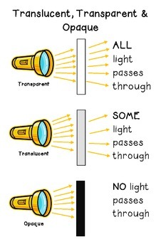<ol><li><p>Transparent (clear glass)</p></li><li><p>Translucent (frosted/불투명한 glass)</p><ol><li><p>Opaque (Cardboard - all light is absorbed or reflected)</p></li></ol></li></ol>