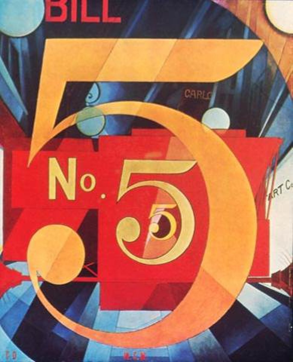 <p>Charles Demuth, geometric abstraction, inspired by Cubists, portrait of William Carlos Williams, uses red/gold/shades of gray</p>