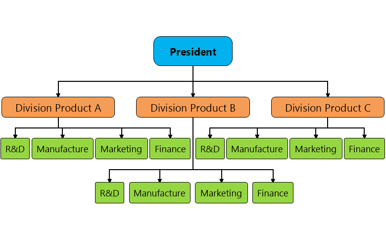 <p>People grouped based on either:</p><ol><li><p>Product</p></li><li><p>Geography</p></li><li><p>Customer</p></li><li><p>Process</p></li></ol>