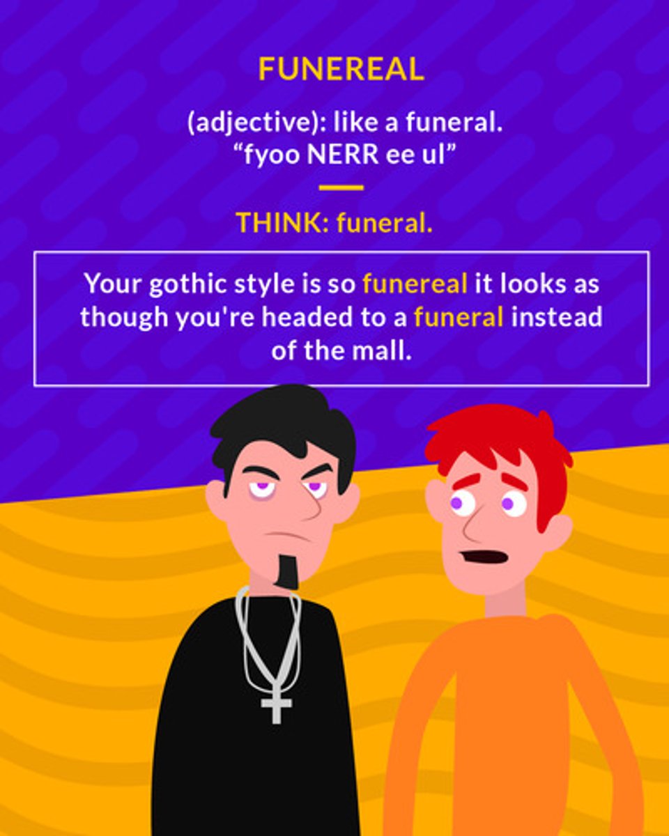 <p>sad; solemn; suitable for a funeral</p><p>(adj.) sad; like a funeral</p>