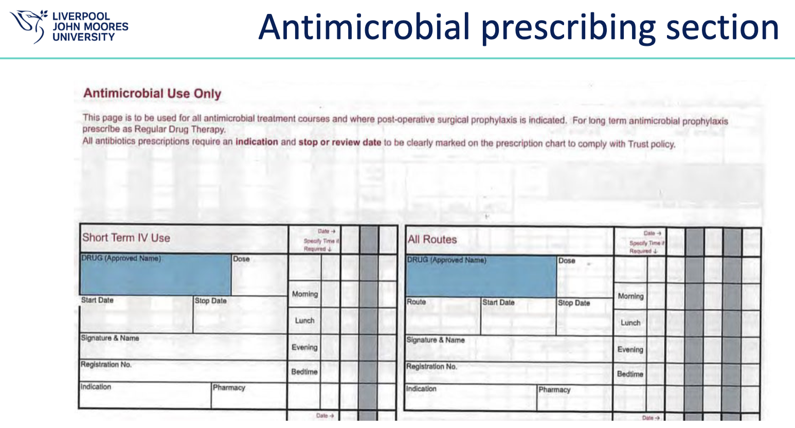 <p><span style="color: rgb(255, 255, 255);"><span>Document on drug chart and in clinical notes</span></span></p><ul><li><p><span style="color: rgb(255, 255, 255);"><span>Evidence of infection</span></span></p></li><li><p><span style="color: rgb(255, 255, 255);"><span>Clinical indication /working diagnosis (and disease severity)</span></span></p></li><li><p><span style="color: rgb(255, 255, 255);"><span>drug name</span></span></p></li><li><p><span style="color: rgb(255, 255, 255);"><span>Dose</span></span></p></li><li><p><span style="color: rgb(255, 255, 255);"><span>formulation</span></span></p></li><li><p><span style="color: rgb(255, 255, 255);"><span>route</span></span></p></li><li><p><span style="color: rgb(255, 255, 255);"><span>include review/stop date or duration</span></span></p></li></ul><p></p>