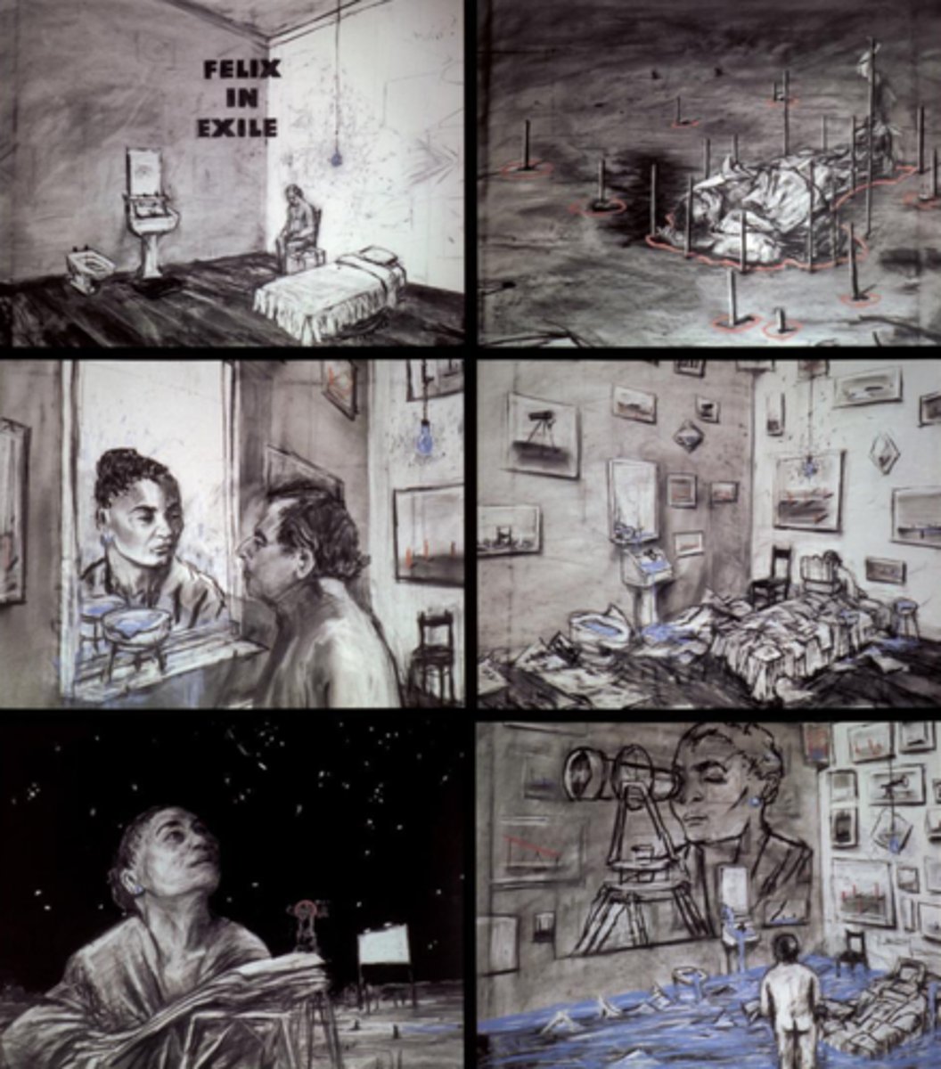 <p>William Kentridge (Renewal of Drawing)</p><ul><li><p><strong>1 Story:</strong> Charcoal animation of erasure and memory addresses violence in South Africa.</p></li><li><p><strong>2 Changes:</strong> Represents post-apartheid reconsiderations of historical narrative.</p></li><li><p><strong>3 Context:</strong> Political transition and collective trauma.</p></li><li><p><strong>4 New Approaches:</strong> Uses erasure as drawing method—renewal of drawing as temporal medium (Art Since 1900).</p></li></ul><p></p>