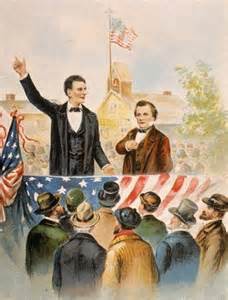 <p>Lincoln challenged Stephen Douglas to debates during the senatorial race of 1858 which became a public referendum on the issue of slavery.</p>