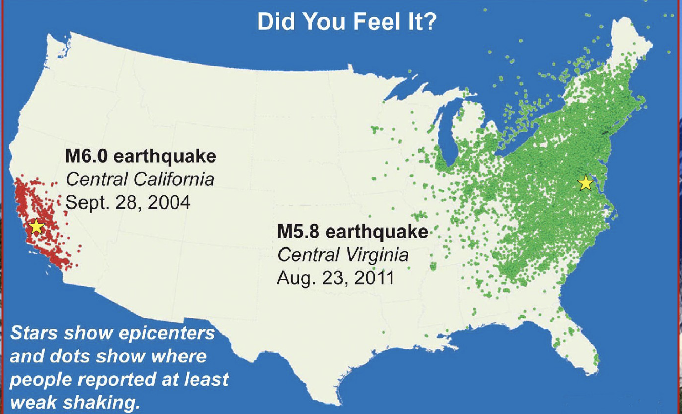 The local geology influences the amount of ground motion.

\
* Dense homogenous crust can transmit earthquake energy quickly 

\
Seismic energy slows down in areas with heterogeneous, folded, faulted crust.

\
**Implication:**

* Earthquakes in eastern North America are felt over larger areas than those in western North America 
