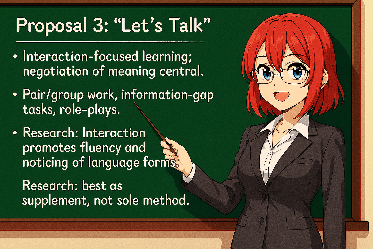 <ul><li><p>Interaction‑focused learning; negotiation of meaning central.</p></li><li><p>Pair/group work, information‑gap tasks, role‑plays.</p></li><li><p>Research: Interaction promotes fluency and noticing of language forms.</p></li></ul><p></p>