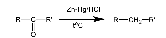 <p>Hoàn nguyên carbonyl tạo ankan trong môi trường axit</p><p>Xúc tác : <strong>Zn</strong>-Hg trong HCl</p>