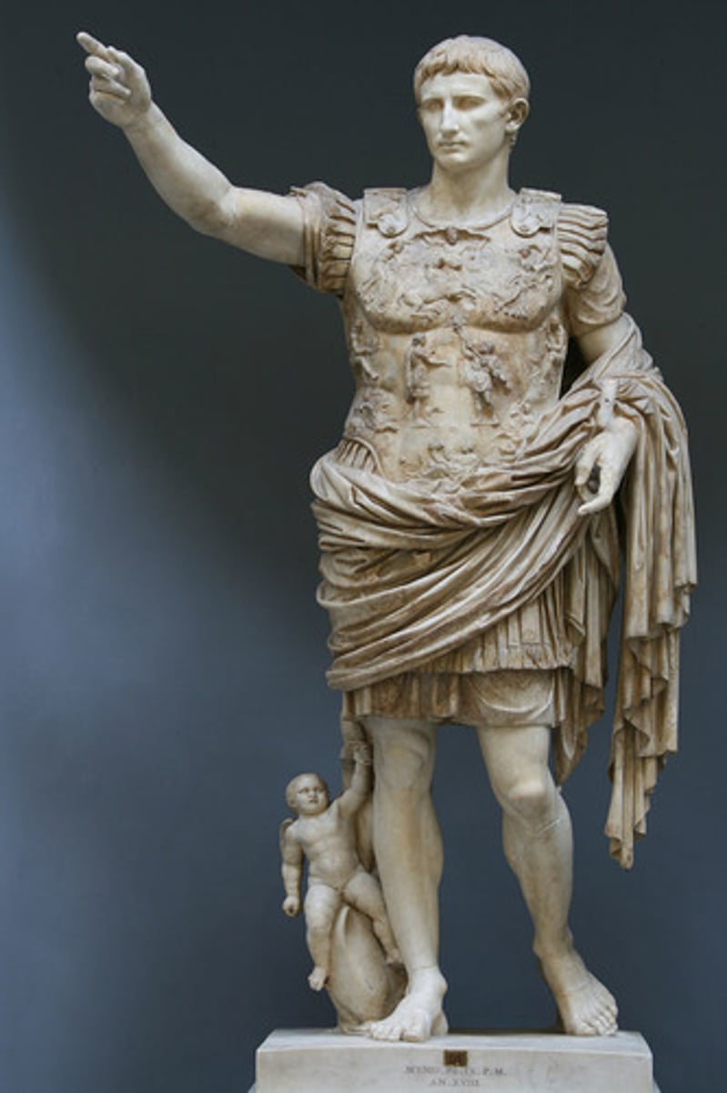<p>This statue has certain traits that make A embody the perfect ruler: Youthful body, military uniform, his gesture symbolizes power, bare feet (only divine figures were depicted with bare feet), his breastplate depicts that victory= peace and prosperity for eternity.</p>
