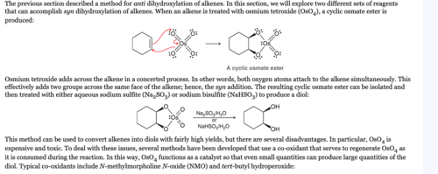 <p>1. OsO4</p><p>2. NaHSO3, H2O</p><p>or</p><p>1. KMnO4</p><p>2. NaOH cold</p>