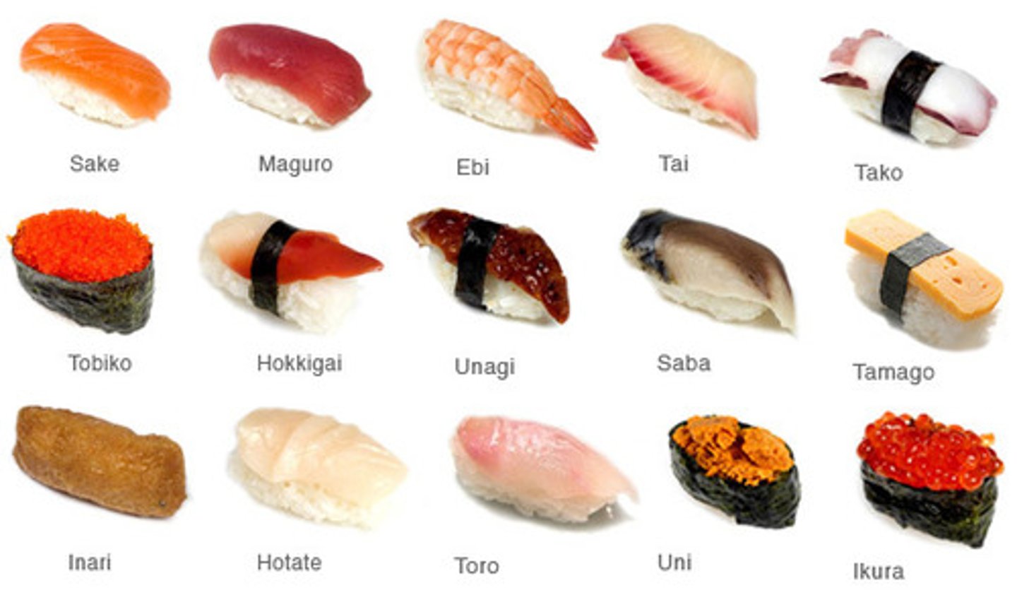<p>rectangular bite-sized rice w/ fish/veggies</p>