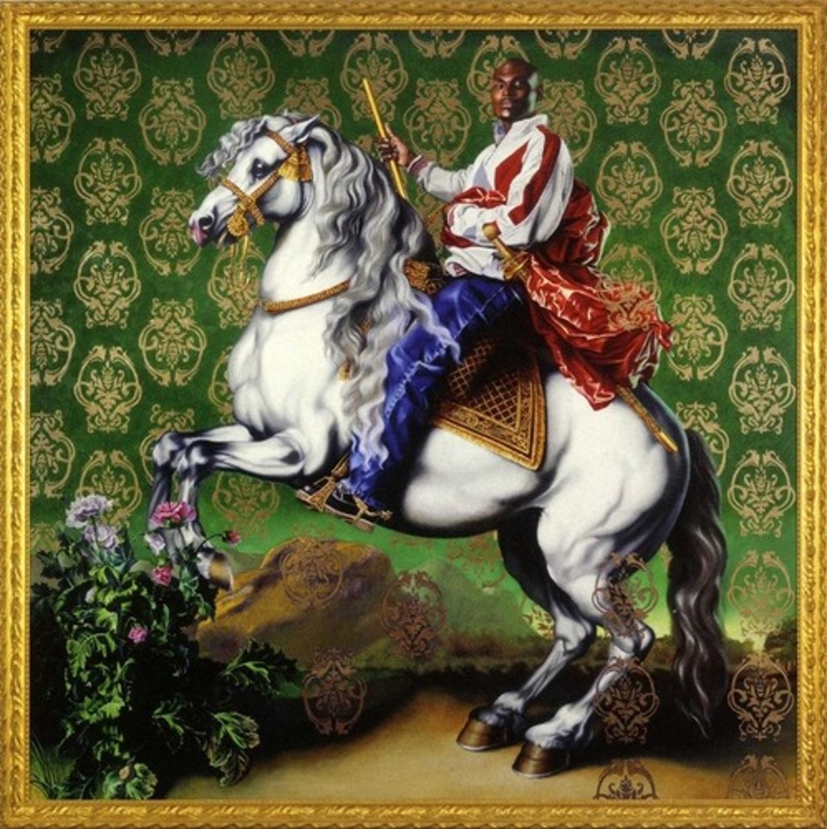 <p>Combining aspects of art history, vernacular culture, found objects and other data found through the digital age's tools and networks. Artists recombine details into new, interesting visual collages. (Wiley, Prince Tommaso Francesco of Savoy-Carignano, 2008. Oil painting.) </p>