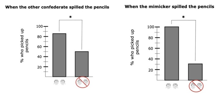 <p>Ps were either mimicked by a confederate or not mimicked → their confederate that mimicked or did not mimic them then spills a cup of pencils OR a second confederate who never mimicked the Ps spill a cup of pencils</p><ul><li><p>more Ps picked up the pencils their mimicker spilled (100%) than their non-mimicker (33%)</p></li><li><p>more Ps that had been mimicked picked up the pencils spilled by the other confederate (84%) than the Ps that hadn’t been mimicked (48%)</p></li></ul><p></p>