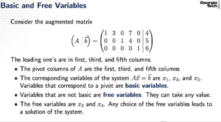<p>Variables that are not governed by any quantifier (basically any column that doesn't have the leading entries in it see photos) (when writing the free variable in vector form, be sure to set it equal to t like x^3 = t)</p>