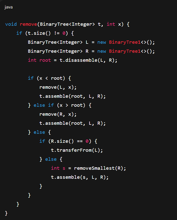<p>3 cases: deleting leaf, deleting a single child, deleting from a node with two children<br>O(h) complexity worst case </p>
