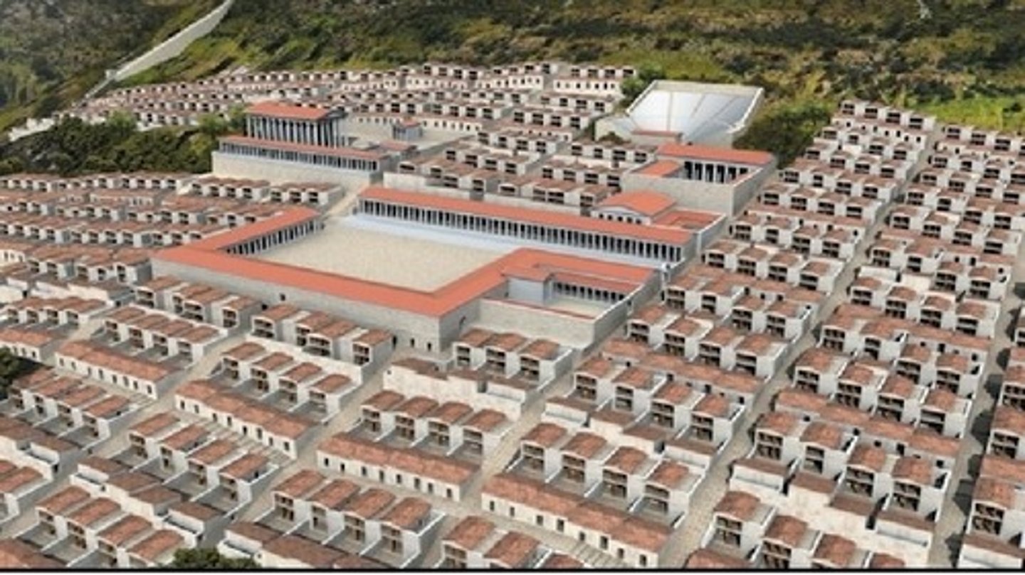 <p>- City built at foot of mountain w/ grid plan, city center, theater, temple</p><p>- Agora enclosed by stoa, mainly for government use</p><p>- Temple: Ionic, dedicated to Athena</p><p>Theater: elaborate stagehouse; would show simple stories bc diverse population w/ non-Greeks in audience</p><p>- Gymnasium: people would be Hellenized</p><p>- Houses: courtyard w mini temple, didnt separate men and women</p>
