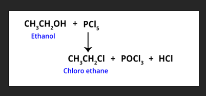 <h3 collapsed="false">Chloroalkane</h3><ul><li><p>PCl5</p></li><li><p>Room temperature</p></li><li><p>By-products: HCl (g), POCl3</p><ul><li><p>Observation: Dense white fume (HCl gas)</p></li></ul></li></ul>