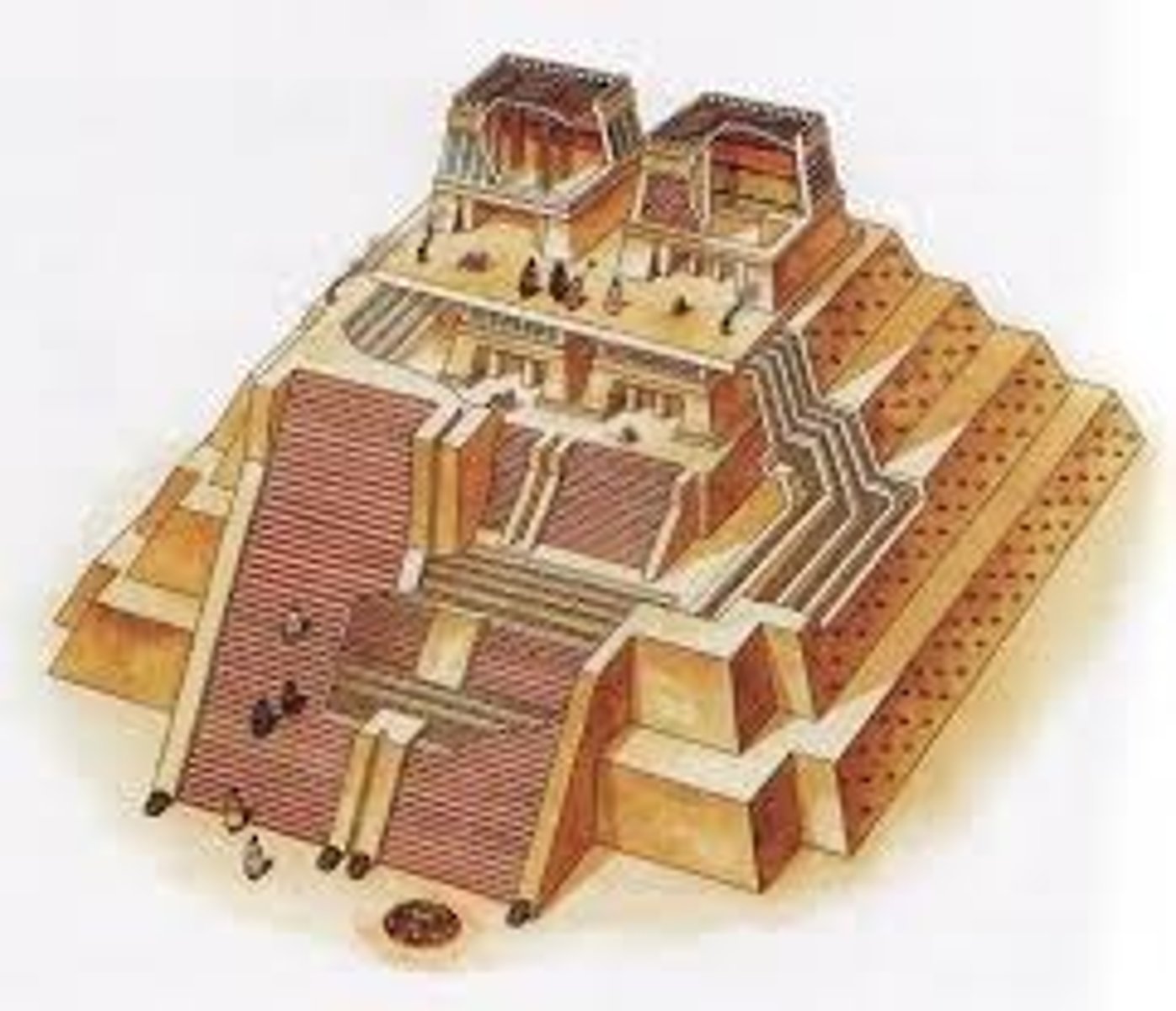 <p>Tenochtitlan (modern Mexico City, Mexico)</p><p>Mexica (Aztec)</p><p>1375-1520 CE</p><p>Form: Stone (temple),</p><p>Function: Part of the main city for the Aztec people. Served as the main temple.</p><p>The temple was structured with a pyramid base and two separate temples on top. There were also two separate stairways leading to each temple. The North Temple was dedicated to the Aztec deity Tlaloc, the god of water and rain. The South Temple was dedicated to Huitzilopochtli who was the god of war, fire, and the sun. The interior of the Huitzilopochtli temple contained a sacrificial stone which indicates how the Aztecs honored the god.</p>