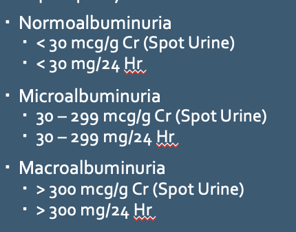 <p>-Used as screening tool for diabetic pts for risk of nephropathy</p><p></p><p>tx: ACE inhibitor/ARB</p>