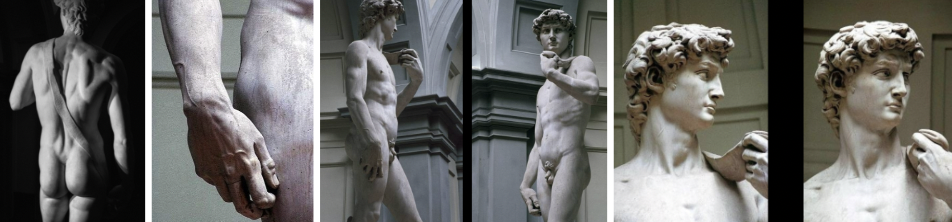 <ul><li><p><span style="background-color: transparent;"><span>Represented as the </span><strong><span>ideal male human body: </span></strong><span>putting the aspects of many human bodies and putting them together into one perfect conception</span></span></p><ul><li><p><span style="background-color: transparent;"><span>Managed a genius invocation of movement and actions</span></span></p></li></ul></li><li><p><span style="background-color: transparent;"><span>David and Goliath: 2 armies face each other, 1 has a giant, the other army is frightened, one boy is not frightened, tries with a stone and a sling to slay the giant</span></span></p></li></ul><p><span style="background-color: transparent;"><u><span>Michelangelo picks the moment where David tries to do this impossible thing: </span></u><span>how is he representing this??</span></span></p><ul><li><p><span style="background-color: transparent;"><span>Back: (standing in front of a big government building): the arc of the band on the back of David is inclining us to start thinking about moving around to the right, where we see his hand</span></span></p></li><li><p><span style="background-color: transparent;"><span>Right hand: expression of the supernatural calm (seen in the seemingly relaxed hand) david holds the stone, with which he hopes to accomplish something that no ordinary human being can dare to do</span></span></p></li><li><p><span style="background-color: transparent;"><span>Torso: twisted, forcing you to look for his face</span></span></p></li><li><p><span style="background-color: transparent;"><span>Face: we've been moved around towards what makes it possible for him to imagine what makes it possible for him to do such a heroic thing</span></span></p><ul><li><p><span style="background-color: transparent;"><span>Perfect profile, intense resolve, psychological preparedness</span></span></p></li></ul></li></ul><p></p>