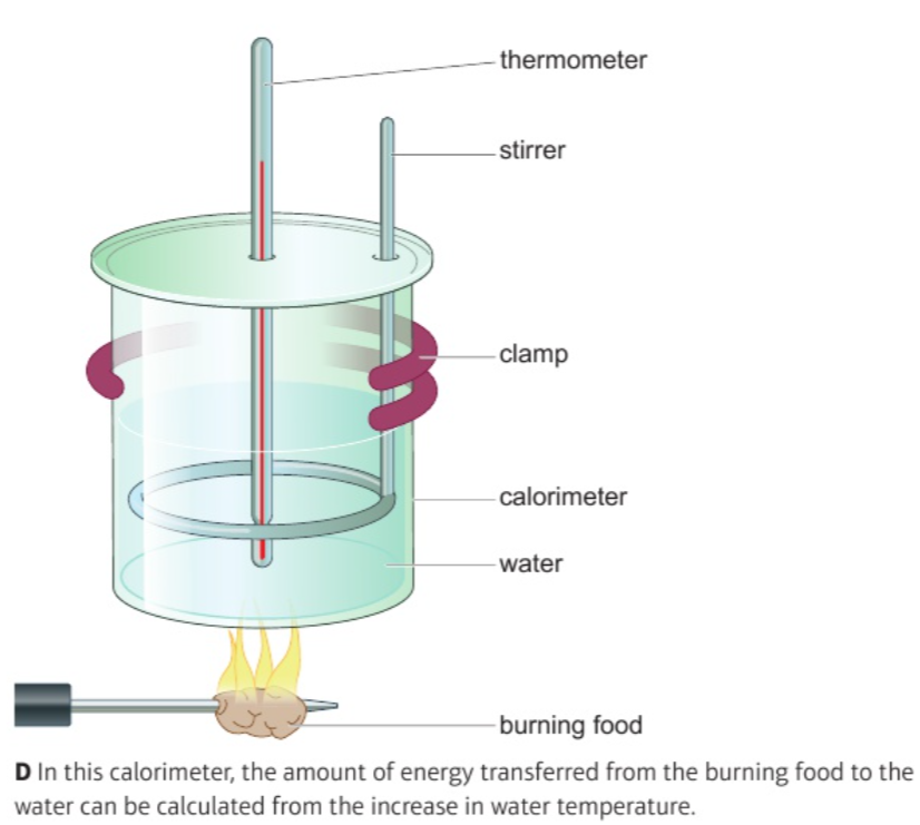 <p>energy transferred (Joules) = (mass of water (g) × 4.2 J/g°C × temperature increase (°C)) ÷ mass of food (g)</p>