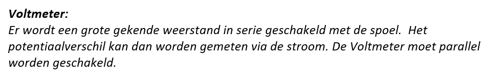 <ul><li><p>V<sub>A</sub> - V<sub>B</sub> = U = RI<sub>m</sub> (wet v Ohm)</p></li><li><p>grote gekende weerstand</p></li><li><p>in parallel</p></li></ul><p></p>