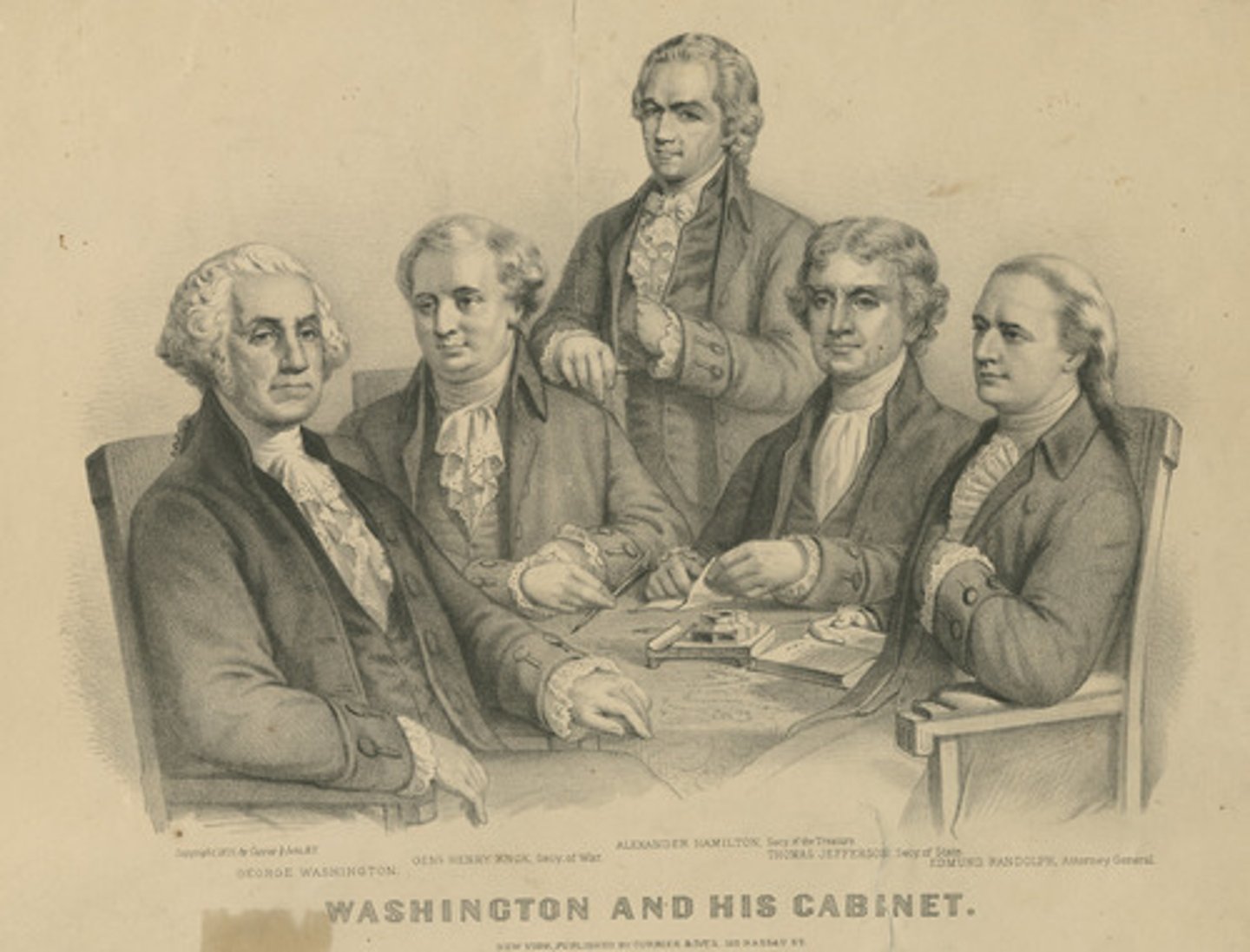 <p>Vice President = John Adams</p><p>Secretary of State = Thomas Jefferson</p><p>Secretary of Treasury = Alexander Hamilton</p>