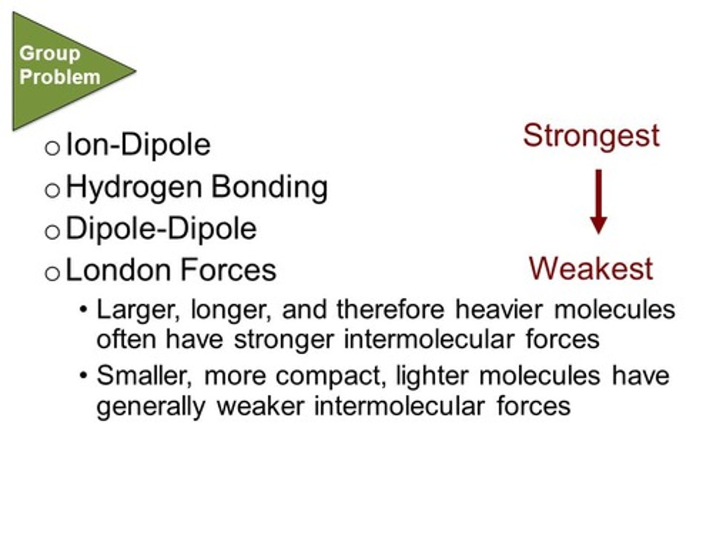 <p>(D) III &lt; I &lt; II &lt; IV</p><p>In order from weakest to strongest: London Dispersion Forces &lt; Dipole-dipole Interaction &lt; Hydrogen Bonding &lt; Covalent Bonding</p>