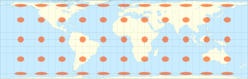 <ul><li><p>Standard line runs around the equatorial region</p></li><li><p>Preserves area</p></li><li><p>Heavily distorts shapes</p></li></ul><p></p>