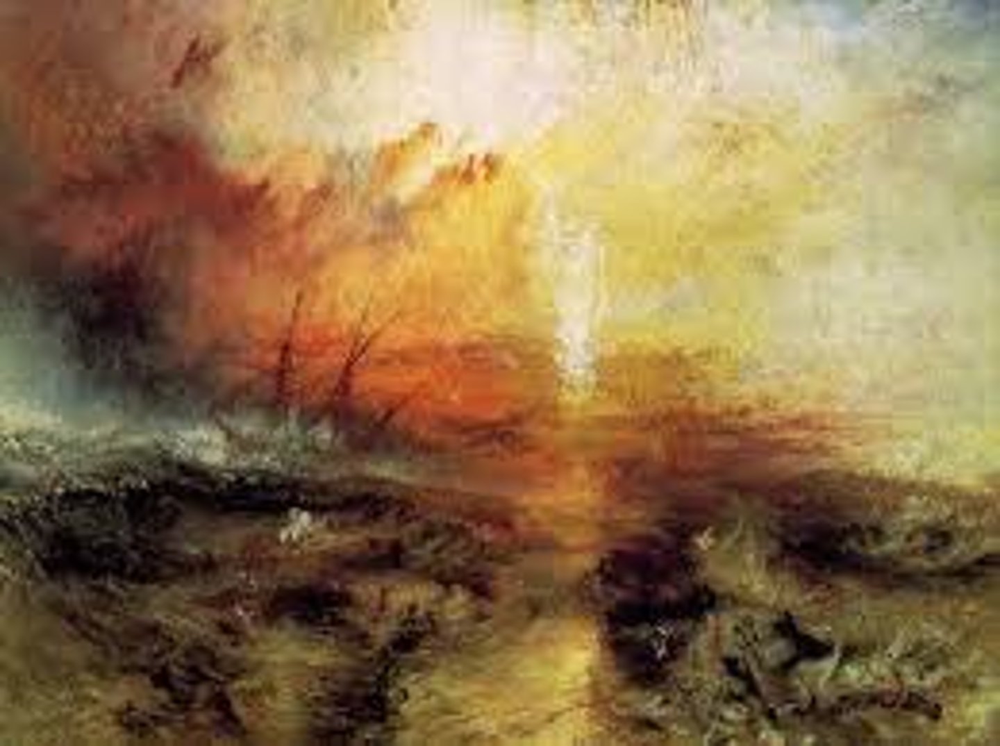 <p>Sublime storm; swirling vortex of color/air/atmosphere/foam; tiny rickety ship; subversive anti-slavery message.</p>