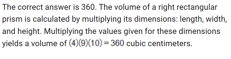 <p>the volume equation for a rectangular prism is (L)(W)(H) don’t mistake it for a rectangular pyramid which is 1/2(L)(W)(H)</p>