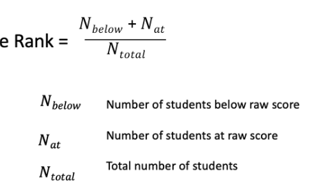 <p>Way to report test score that outlines the percentage of examinees that score at or below that score. Normal distributions can be used to calculate.</p>