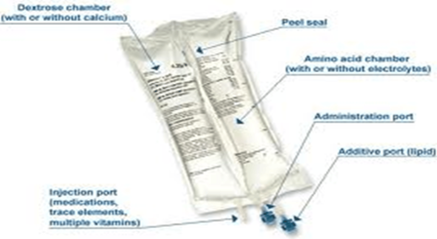 <p>3-in-1 three chamber formulation where each macro is separated by a seal that is broken before administration to mix the solutions together.</p>