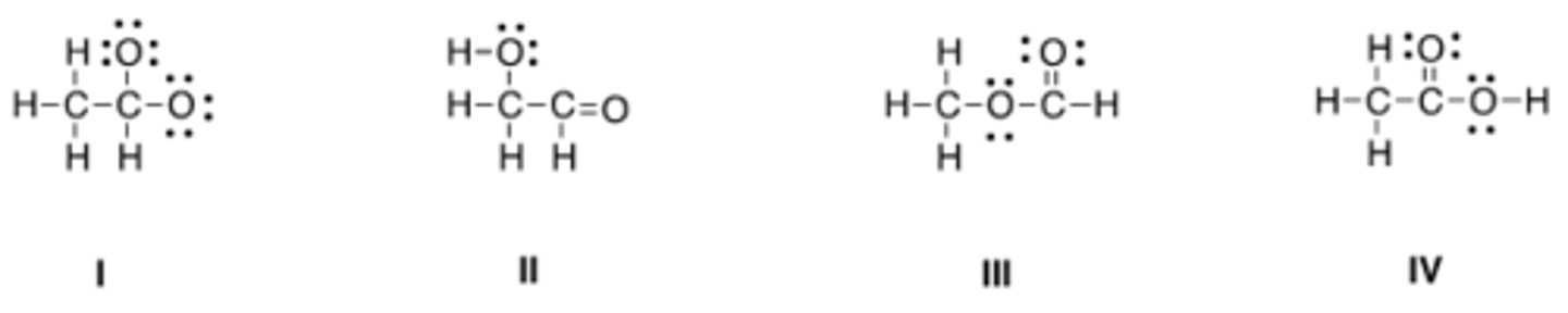 <p>Which is the correct Lewis structure for acetic acid (CH3CO2H)?</p><p>A) I</p><p>B) II</p><p>C) III</p><p>D) IV</p>