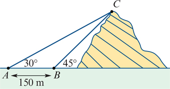 <p>a surveyor standing at point A measured the angle of elevation to the top of the mountain as 30°. she moved 150m closer to the mountain and at point B measured the angle of elevation to the top of the mountain as 45°.</p><p>there is a proposal to have a strong cable from point A to the top of the mountain to carry tourists in a cable car. what is the length of the required cable?</p>