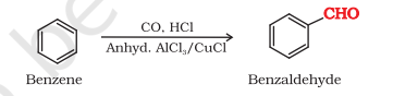 <ul><li><p>When <strong>benzene </strong>or its derivative is treated with c<strong>arbon monoxide</strong> and <strong>hydrogen chloride</strong> in the presence of <strong>anhydrous aluminum chloride or cuprous chloride</strong>, it gives us <strong>benzaldehyde </strong>or substituted benzaldehyde</p></li></ul>