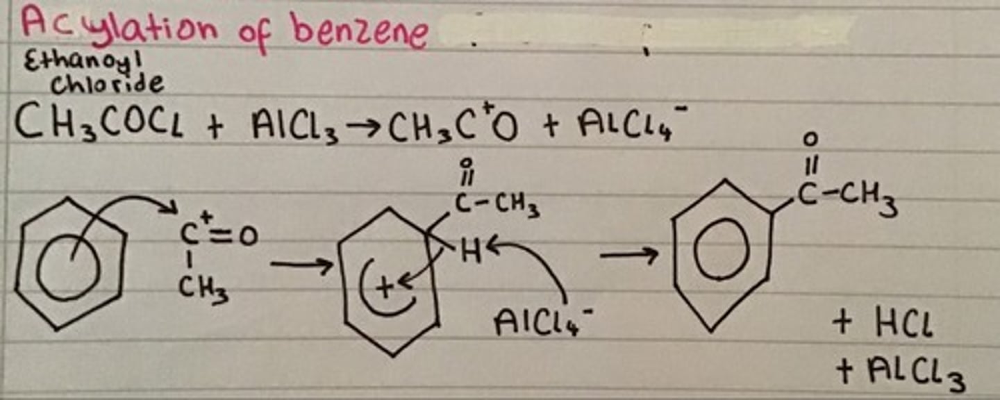 <p>Friedel-crafts alkylation using CH3Cl</p><p>or</p><p>Friedel-crafts acylation using CH3COCl (where the Cl bond gets replaced with bond to ring)</p>