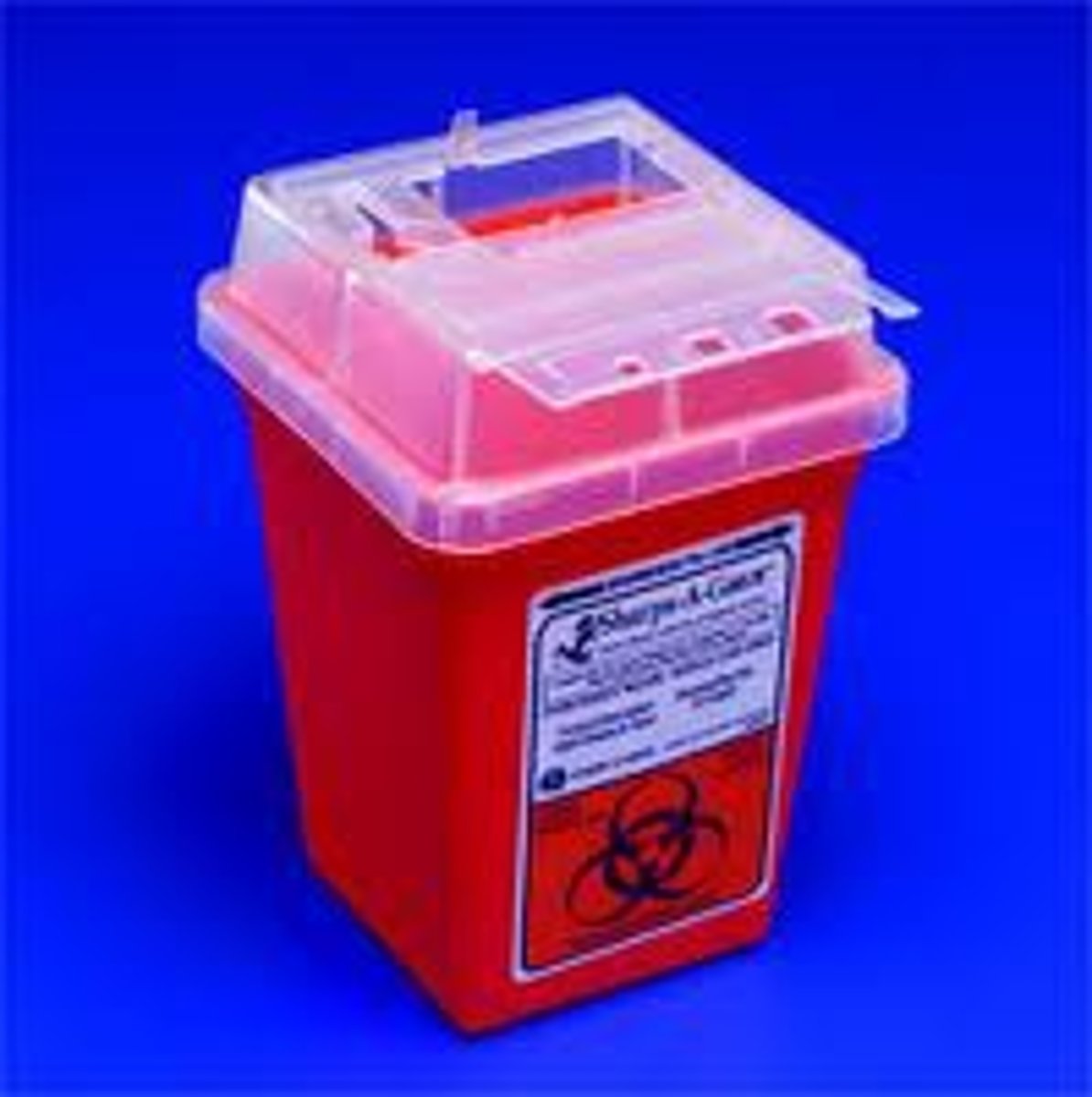 <p>A rigid container labeled with a biohazard logo; it holds any needles, syringes, razors, scalpel blades, etc. (Any SHARP objects that might be contaminated with biohazard substances go in here.)</p>