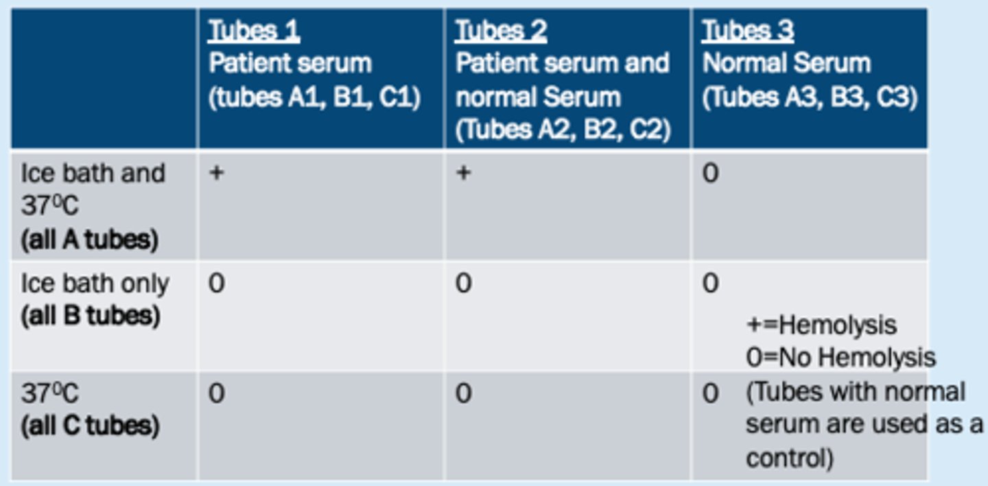 <p>1) Fresh serum specimen drawn and kept at 370 C until separated.</p><p>2) Add P+ RBCs at a 50% suspension to each tube</p><p>3) Incubate at indicated temperatures and times</p><p>4) After incubation, specs are spun down and examined for hemolysis</p>
